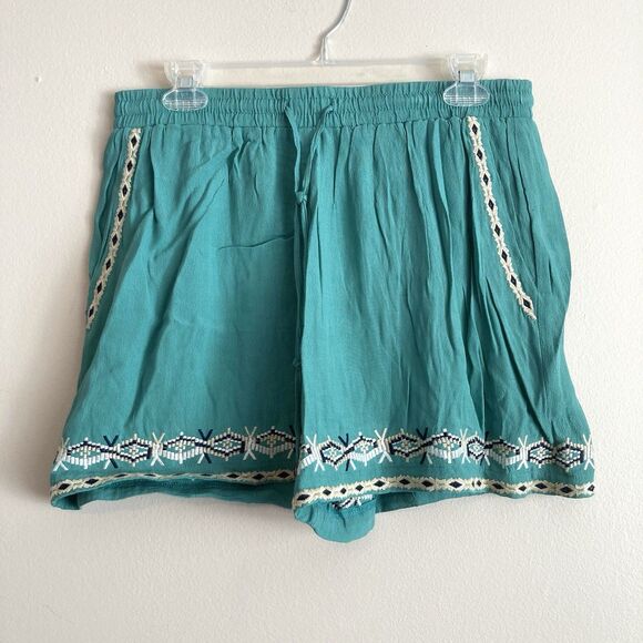Hei Hei Anthropologie Shorts Medium Embroidered Teal Blue Beach Boho Drawstring - Picture 1 of 8